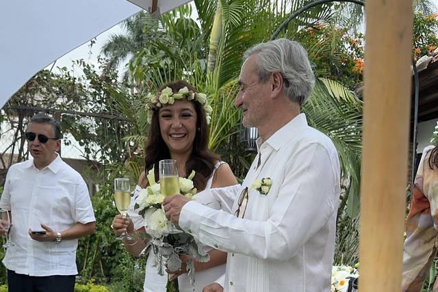 Novios brindando en el jardín