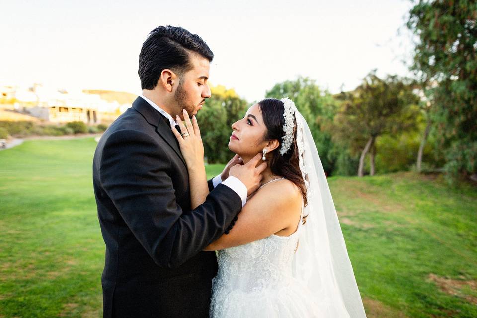 Novios mirándose a los ojos en un jardín