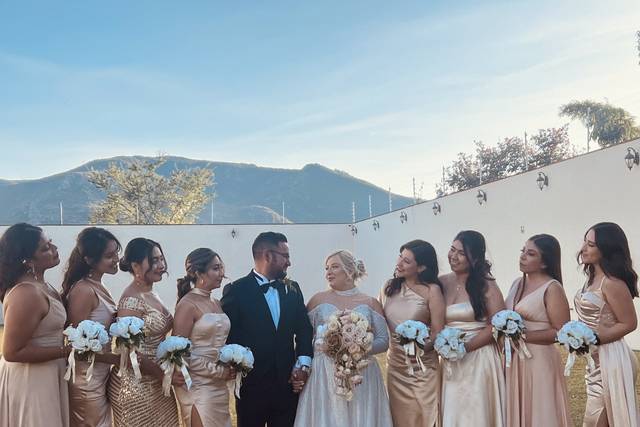 Novios posando con las damas de honor