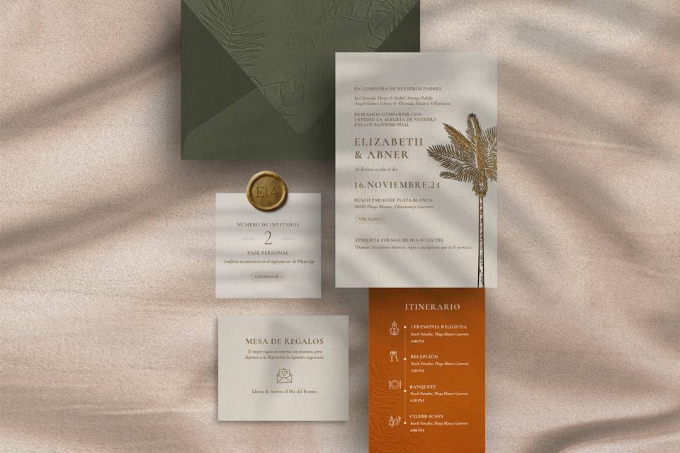 Invitación digital en verde y naranja