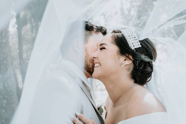 Novios sonriendo bajo el velo de novia