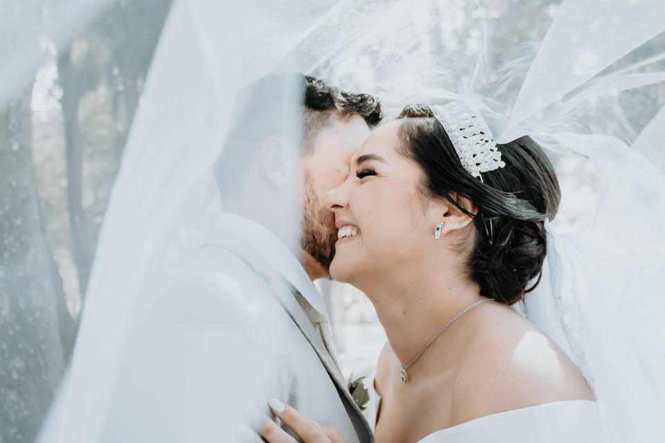 Novios sonriendo bajo el velo de novia