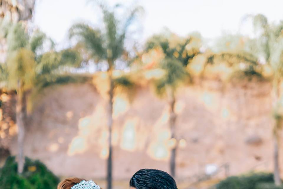 Novios mirándose a los ojos y posando en un jardín