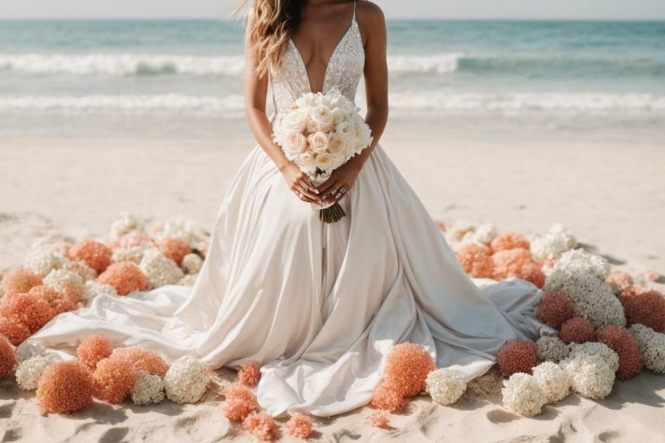 Novia sosteniendo su ramo en la playa