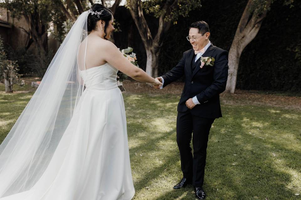 Novios tomados de la mano en el jardín