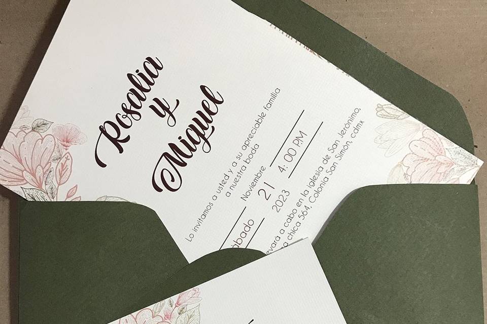 Invitación de boda verde y rosa