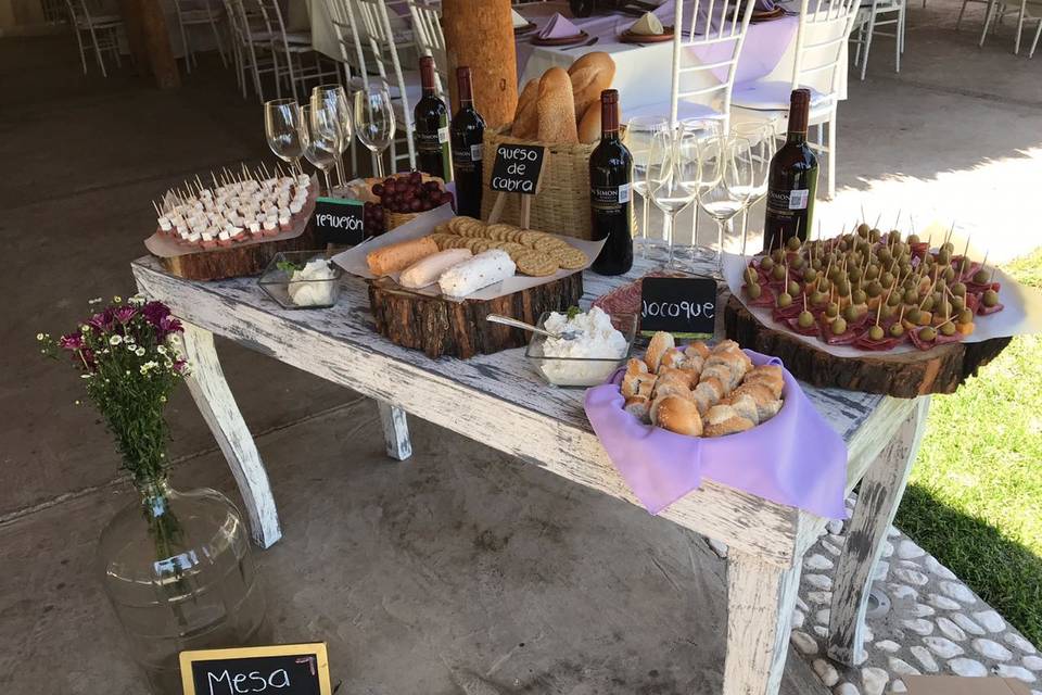 Mesa de vino, quesos y carnes