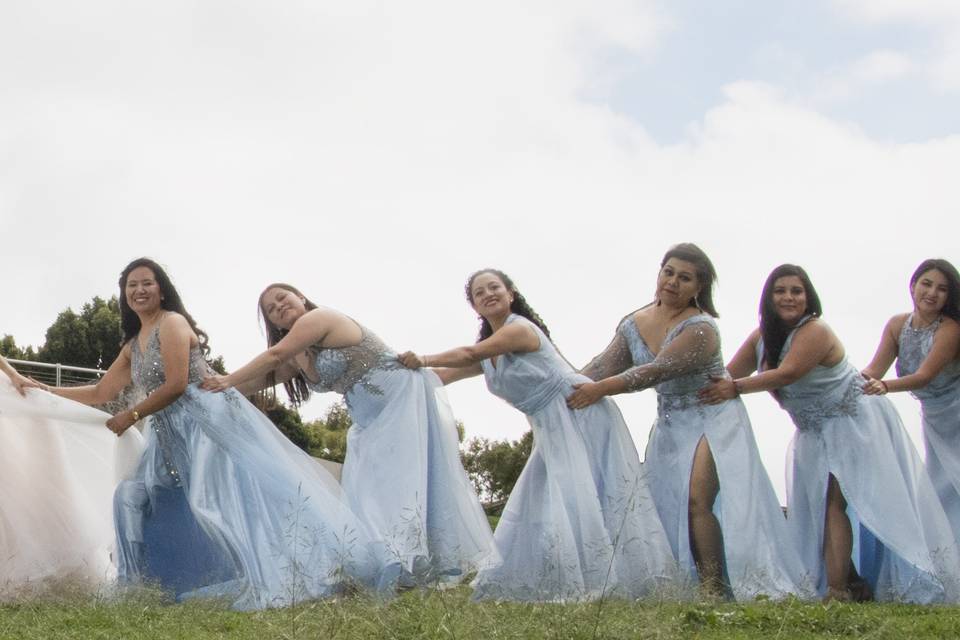 Novios siendo jalados por sus damas de honor y bestmen en el jardín