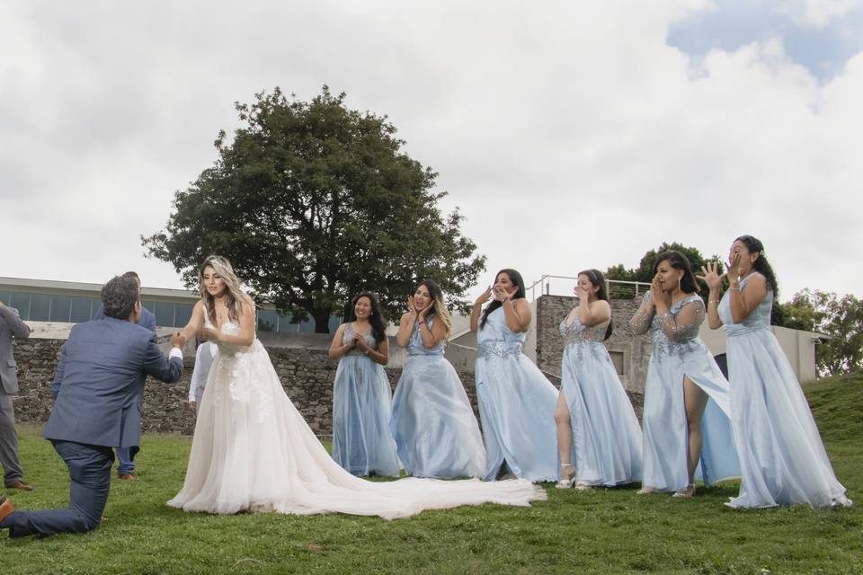 Novio arrodillado frente a su novia y sus invitados