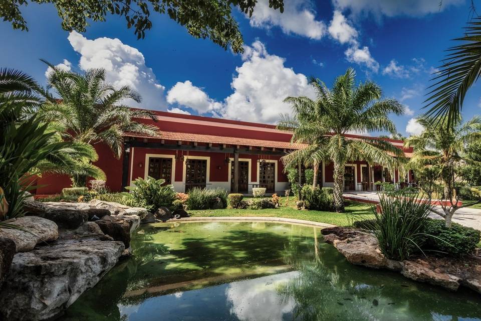 Entrada de hacienda con palmera, puente, lago