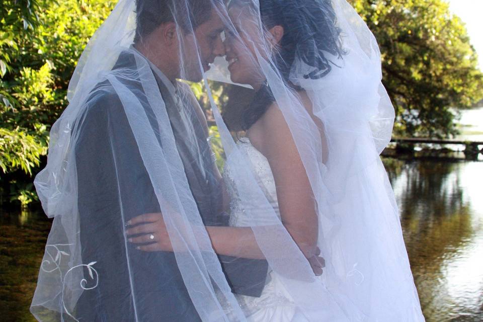 El velo de la novia en el lago