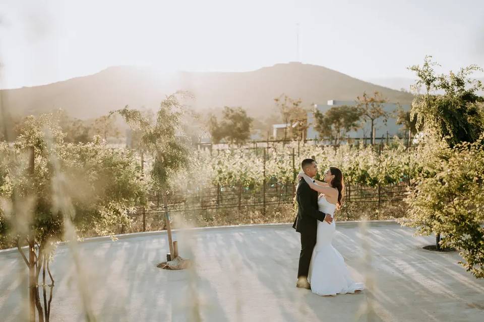 Novios bailando en una pista al aire libre