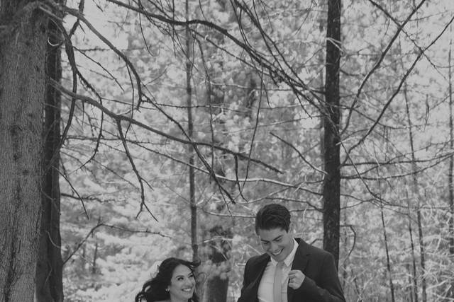 Novios corriendo por el bosque