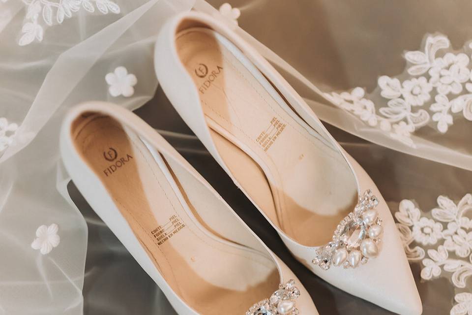 Zapatos y velo de novia