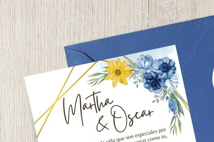 Invitación de boda con flores azules y amarillas