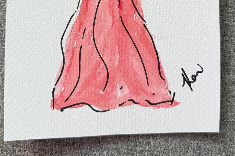Dibujo en acuarela de invitada con vestido rojo