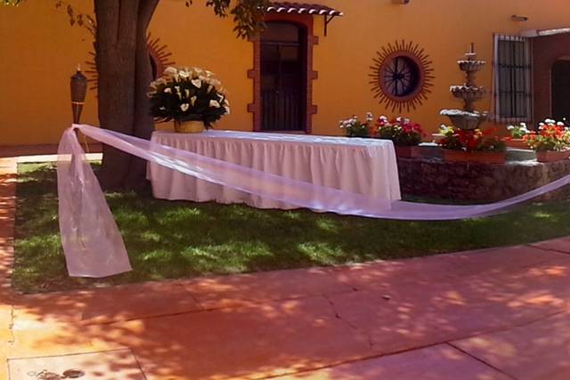 Fuente y jardín decorados