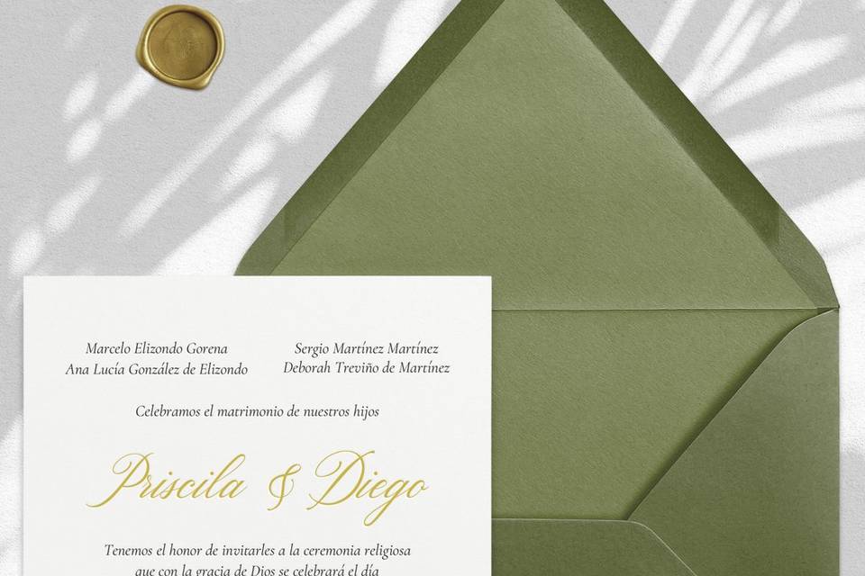 Invitación de boda con sobre verde