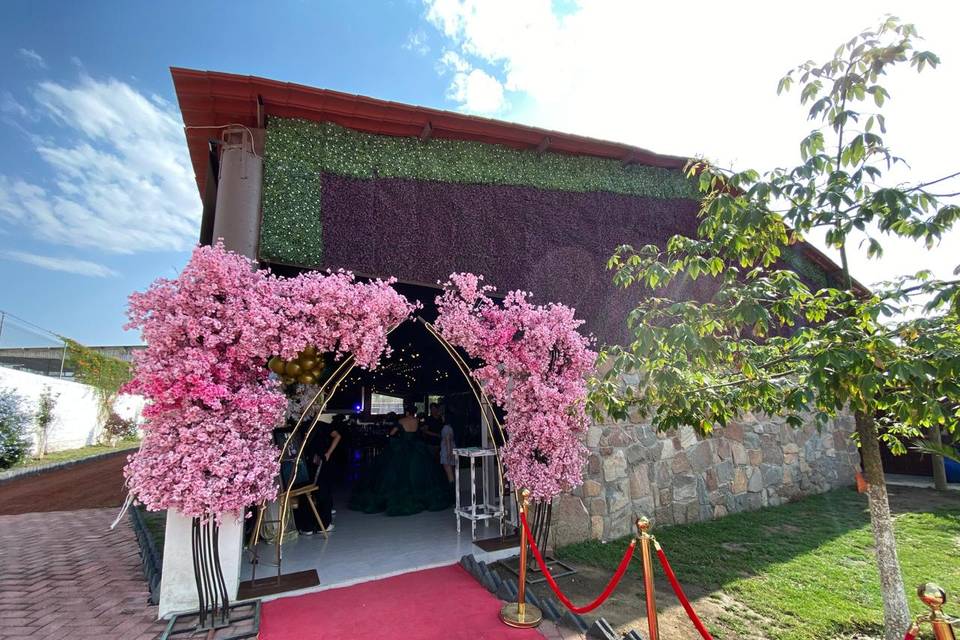 Entrada con alfombra roja y flores rosas