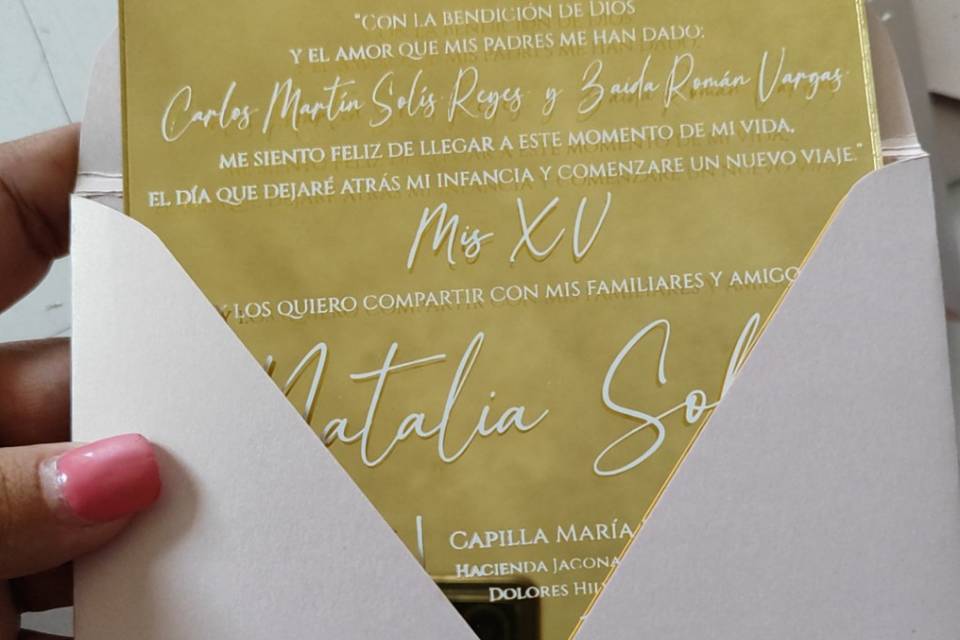 Invitación oro espejo en sobre