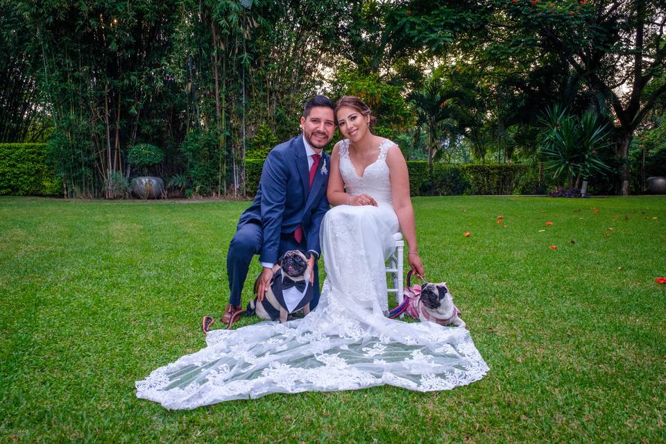 Novios posando con sus perritos en el jardín