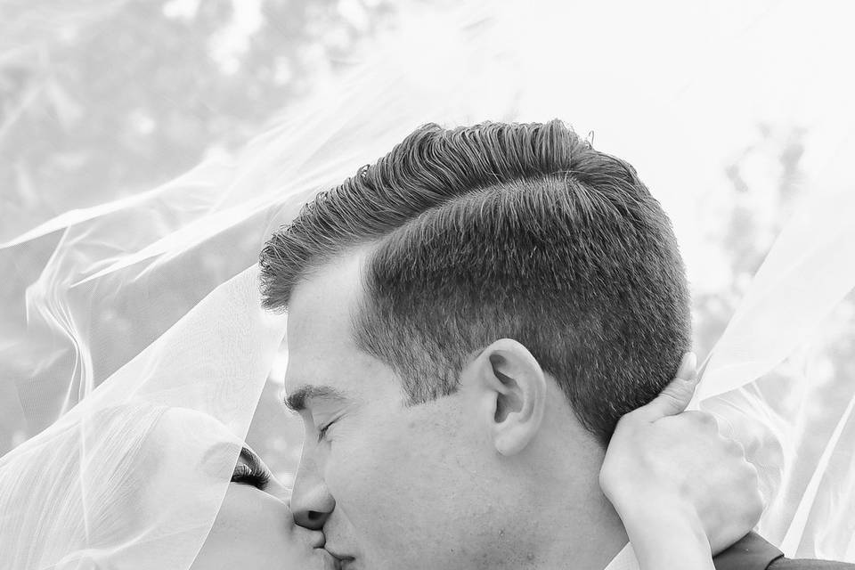 Novios besándose bajo el velo