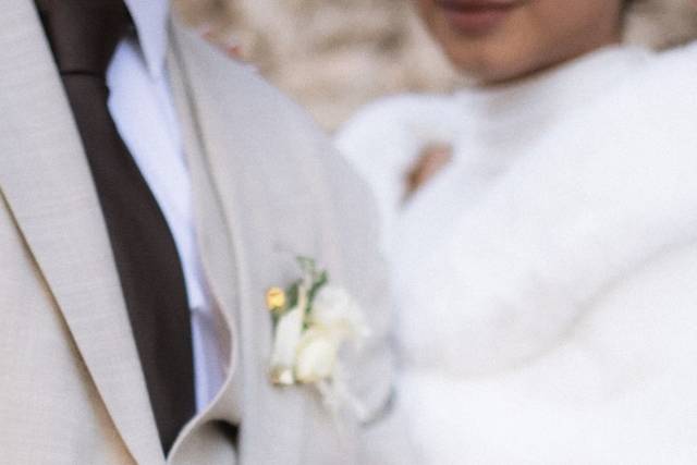 Novios tomados de la mano enseñando los anillos