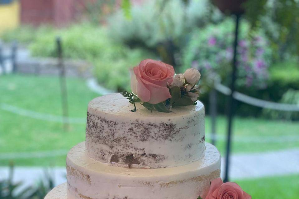 Naked cake con rosas rosas